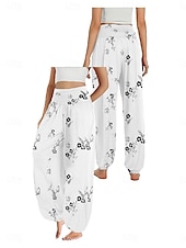 billiga Grafisk linnebyxa i bomull-Dam Linneinspirerade byxor Brett skaft Byxor Etnisk Stil Ledigt Boho Fullängd Hög midja Blommig Löv Tropisk Ficka Elastisk midja Tryck Mateial som andas Mjuk Microelastisk Utomhus Yoga Vit Blå Beige