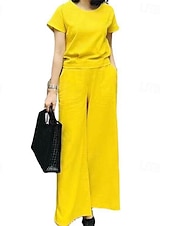 abordables Ensembles-Femmes Mode Streetwear Ensembles en coton et lin Ensembles deux pièces Ensembles de Pantalons Manche Courte Col ras du cou Uni Tenue quotidienne Date Jaune Bleu Marron Été Coupe régulière