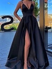 cheap Prom Dresses-A-Line Prom Dresses Black Dress Dress Wedding Guest Prom Sweep / Brush Train Sleeveless Spaghetti Strap Satin with Pleats Split Front Masquerade Dress 2025