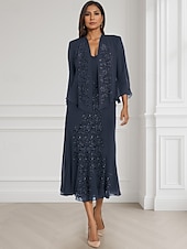 economico Con giacca-Due Pezzi Linea ad A Abito da cerimonia per signora Formale Ospite di nozze Elegante Collo quadrato Lunghezza al pavimento Chiffon Manica Lunga Con Stola con Pizzo A balze Ricamo 2025