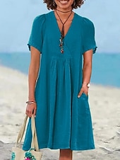 economico disegnare abiti in cotone e lino-Per donna Mini Abito Abiti ispirati al lino Abito a trapezio Casual Spiaggia Quotidiano Vestibilità regolare Semplice Manica Corta Scollo a V Verde chiaro Blu reale Viola Arancione Estate