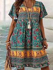 cheap Boho Dress-Women&#039;s Mini Dress Casual Dress Floral Dress Summer Dress Boho Dress Fashion Modern Daily Beach Weekend Regular Fit Floral Short Sleeve V Neck Black White Royal Blue Blue Summer