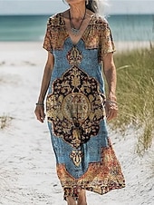 tanie Sukienki boho-Damskie Długa sukienka sukienka maxi Sukienki z bawełny i lnu Codzienne sukienki Sukienka Boho Strój zachodni Moda Na zewnątrz Impreza Święto Regularny Kwiat Krótki rękaw W serek Niebieski Zielony