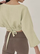 billige Skjorter-Dame Linskjorte Bluse عادي Fritid Langermet V-hals Crop Tops Daglig Ut på byen knyte foran Hvit Gul Brun Sommer