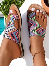 cheap Vacation Sandals-Women&#039;s Bohemian Tribal Print Toe Ring Sandals – Lightweight Slip-On Flats for Summer Travel, Beach Holidays, and Casual Outings