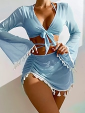 billiga Bikiniset-Kvinnors baddräkter bikini kjol baddräkt rygglös smal frans semester strandkläder enhetlig färg halterneck långärmad baddräkt