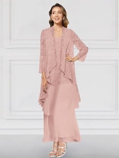 cheap With Jacket-Green Blue Pink Two Piece A-Line Dress Sets Mother of the Bride Dress Elegant Crew Neck Ankle Length Chiffon Long Sleeve Jacket Dresses with Lace Ruffles Tier 2025