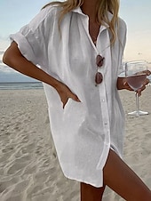 cheap Shirts-Women&#039;s Shirt Boho Shirt Linen-Inspired Shirts Button Up Plain Casual Beach Short Sleeve Shirt Collar Regular Tops Black White Yellow Pink Sky Blue Summer