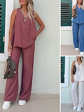 preiswerte Blusenanzüge für Damen-Damen Aktiv Basic Baumwoll-Leinen-Sets Bluse Hosen-Sets Ärmellos V Ausschnitt Einfarbig Täglich Alltagstauglich Wein Königsblau Beige Sommer Normale Passform