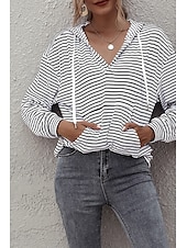 voordelige Dames Strepen &amp; Geometrische Tops-Dames Blouse Gestreept Casual Lange mouw Capuchon Normale tops Dagelijks Uitgaan Zak Wit Bruin Zomer