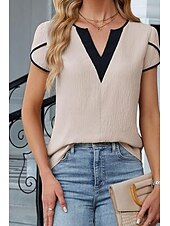 abordables Hauts Unis pour Femmes-Femmes Chemisier Bloc de Couleur Moderne Occasionnel Manche Courte Col en V Hauts Réguliers Fête Sortir Patchwork Noir Blanche Vert Abricot Été