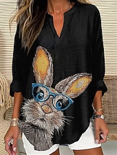 tanie koszula wielkanocna-Bluzka damska z lnu przewiewna lekka tunika dekolt w serek długi rękaw boho casual graficzny zwierzęcy vintage tropikalna codzienne regularne topy codzienne noszenie nadruk czarna biała niebieska