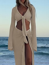 abordables Robes de plage-Maillots de bain pour femmes jupe de couverture 2 pièces maillot de bain découpé vacances plage vêtements couleur unie à col rond manches longues maillots de bain