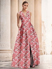 baratos AZUL-Linha A Vestidos de noite Elegante Vestido Formal Casamento Longo Sem Manga Decote V Fibra Sintética com Estampa floral Fenda Bolsos 2025