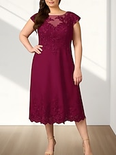 abordables Longueur du thé-Robe Mère de la Mariée A-Line Invité de Mariage Élégante Col Ronde Mi-Longue en Chiffon À Manches Courtes avec Appliques Robe Midi 2025