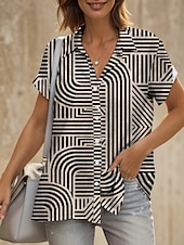cheap Stripe&amp;Geometric Tops-Women&#039;s Shirt Graphic Geometric Striped Vintage Tropical Daily Sleeveless Short Sleeve Cap Sleeve Shirt Collar Regular Tops Daily White Camel Summer Spring