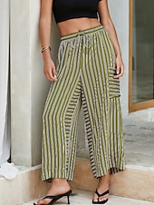 abordables jambe large et taille haute-Femmes Slacks Pantalons Streetwear Occasionnel Longueur complète Naturel Rayé Avec Poches Conception à cordon élastique Confortable Extérieur Rue Sortir Rouge orangé Bleu ciel clair Marine fonc