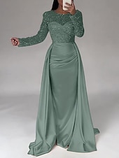 cheap CHAMPAGNE-Mermaid Sequin Evening Gown Ruched Champagne Satin Dress Long Sleeves Masquerade Floor Length Illusion Neck with Pearls Overskirt dress 2025