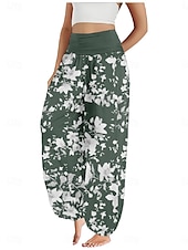 billiga Grafisk linnebyxa i bomull-Dam Linneinspirerade byxor Brett skaft Byxor Etnisk Stil Ledigt Boho Fullängd Hög midja Blommig Ficka Elastisk midja Tryck Mateial som andas Mjuk Microelastisk Utomhus Yoga Svart Rosa Marinblå Blå