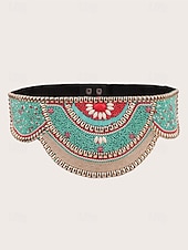 preiswerte Damengürtel-Damengürtel im Bohemian-Stil, handgefertigt, mit Perlen besetzt, elastisches Band mit Quasten und Anhängern – farbenfrohes Stickdesign für Damen, perfekt für Strandbekleidung, Festivals und Sommeranlässe