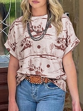 levne Boho topy-Dámské Halenka Květiny Západní Moderní Krátký rukáv Tričkový Běžné topy Denní Dovolená Jdeme ven Tisk Hnědá Léto