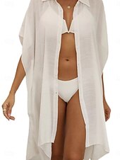 cheap Beach Dresses-Women&#039;s Swimsuits Cover Up Swim Dress Swimsuit Buttons UV Protection Vacation Beach Wear Solid Color V Neck Short Sleeves Bathing Suits