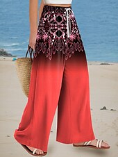 baratos perna larga e cintura alta-Mulheres Perna larga chinês Calças largas Férias Estilo Étnico Casual Comprimento total Cintura Alta Gráfico Geométrica Gradiente Estampado Micro-Elástica Férias Rua Diário Violeta Rubi Vermelho