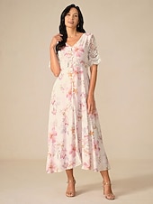 abordables Robes de vacances-Femme Robe Maxi Robe Trapèze Elégant mode Vacances du quotidien Standard Floral Manche Courte Col V Rose Claire Eté