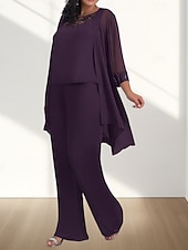 billige Gulvlengde-Jumpsuit  Buksedress 3 Delt Mor til bruden Kjole Bryllupsgjest Elegant Ledig Rund Utringning Gulvlengde Chiffon 3/4 Lengde Ermer med Perleapplikasjoner