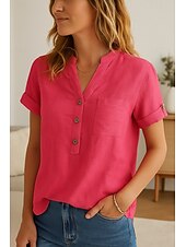 voordelige Overhemden-Dames Knoop omhoog Katoenen linnen overhemd Effen Stijlvol Modern Korte mouw V-hals Normale tops Dagelijks Feestdagen Knop Rood blauw Zomer