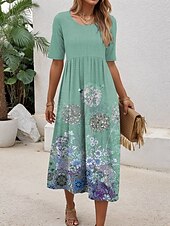 tanie Sukienki boho-Damskie Sukienka mini Sukienka t-shirtowa Sukienka A line Letnie sukienki Urlop Codzienny Codzienny Regularny Kwiaty Graficzny Krótki rękaw Półgolf Niebieski Fioletowy Zielony Lato