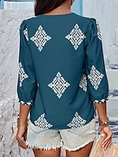 baratos Tops Boho Femininos-Mulheres Blusa Geométrica Boêmia Casual Manga 3/4 Manga Princesa Decote V Tops regulares Diário Imprimir Rosa Azul Marinha Roxo Verde Verão Primavera