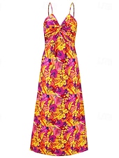 abordables Robes Floraux Imprimés-Femmes Robe Midi Robe d&#039;été Robe Nuisette Robe bohème Mode Moderne Quotidien Plage Week-end Coupe régulière Fleuri Sans manches Col en V Jaune clair Jaune Bleu Violet Été