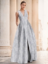 baratos AZUL-Linha A Vestidos de noite Elegante Vestido Formal Casamento Longo Sem Manga Decote V Fibra Sintética com Estampa floral Fenda Bolsos 2025