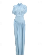 abordables BLEU-Robe de soirée colonne Bébé Robe élégante Robe formelle Invité de mariage Longueur sol Manches courtes Col haut Spandex avec châle drapé