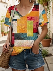 abordables T-shirt rayé et géométrique-Femmes T-shirt Graphique Géométrique ancien Élégant Classique Manche Courte Col en V Hauts Réguliers Quotidien Imprimé Jaune Rouge Bleu Été Printemps