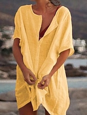 abordables Robes-Femmes Mini Robe Robe en coton et lin Classique Vacances Quotidien Fête Coupe régulière Uni Manche Courte Col en V Blanche Jaune Rose Claire Été