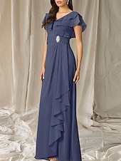 abordables Robes pour invitées de mariage-Robes de fête pour invité de mariage A-Line robe élégante longueur de sol à manches courtes décolletée en V en chiffon avec plis et volants
