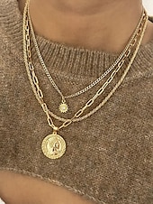 cheap Women&#039;s Necklace-Gold and Silver Multi-Layered Pendant Necklace with Sun and Coin Charms, Trendy Bohemian Jewelry for Women, Perfect for Casual Wear and Summer Outings