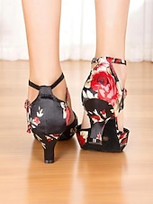 preiswerte Lateinamerikanische Schuhe-Damen-Latin-Tanzschuhe mit Blumenmuster aus Satin – elegante Riemchen-Ballsaalschuhe für Auftritte und Salsa-Übungen