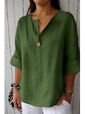 cheap Shirts-Women&#039;s Shirt Cotton Linen Shirt Blouse Plain Modern Casual 3/4 Length Sleeve V Neck Regular Tops Daily Going out Buttons Black White Red Navy Blue Green Summer