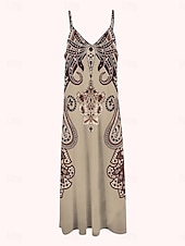 economico Abiti Boho-Per donna Abito maxi Vestito Estivo Abito a trapezio Abito Sottoveste Vacanza Casual Boho Uscire Spiaggia Vestibilità comoda Grafico Paisley Tribale Senza Maniche Scollo a V Spalline sottili Cachi