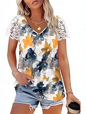levne tričko umění a designu-Womenské blůzy Krajka Splicing Top Květinové Listy Stylový Neformální Krátký rukáv V Krk Pravidelné topy Denní Krajkový potisk Žlutá Modrá Meruňková Léto Jaro