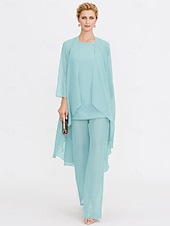 billiga Mammas byxdräkter-Strand Bröllop Jumpsuit/Byxdräkt 3 Delar Mor Till Brud Bröllops Gäst Elegant Plus Size Inkluderat Bateau Hals Golvlängd Chiffon Ärmlös Jacka es med Enfärgade Färger