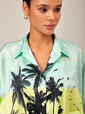 cheap Shirts,Tops &amp; Blouses-Gradient Background Palm Tree Tie-Front Top  Casual Vacation Style