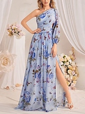 preiswerte Brautjungfernkleider-Brautjungfernkleider A-Linie Ein-Schulter Langarm Bodenlang Chiffon Brautkleider Mit Falten Floralprint