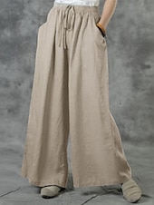 economico Pantaloni in lino e cotone semplici-Pantaloni in Cotone e Lino da Donna Pantaloni Baggy a Gamba Larga Colore Unito Vacanza Base Casual Lunghezza Completa Vita Alta Semplice Tasca Elasticizzato Comfort Esterno Micro-elastico Vacanza