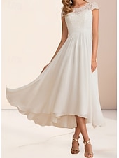 cheap Wedding Dresses-Engagement Little White Dresses Wedding Dresses A-Line Boat Neck Regular Straps Asymmetrical Chiffon Bridal Gowns With Pleats Ruched