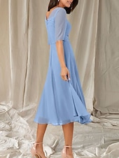 abordables Longueur du thé-Robe Mère de la Mariée A-Line Invité de Mariage Élégante Col Ras du Cou Longueur Thé Chiffon Manches Mi-longues avec Sash  Ruban Robe Midi Froncée