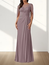 preiswerte Bodenlänge-A-Linie Brautmutterkleid Hochzeitsgast Elegant Rundhalsausschnitt Bodenlang Chiffon Ärmellos mit Applikationen Raffung 2025